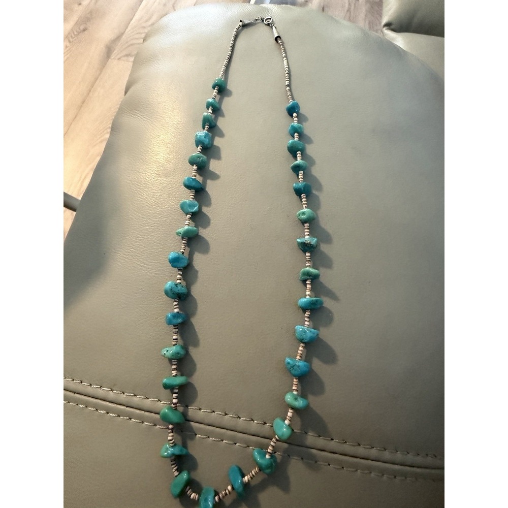 Vintage Nugget Turquoise & Heishi Shell Beaded Necklace 25" Sterling Ends #420